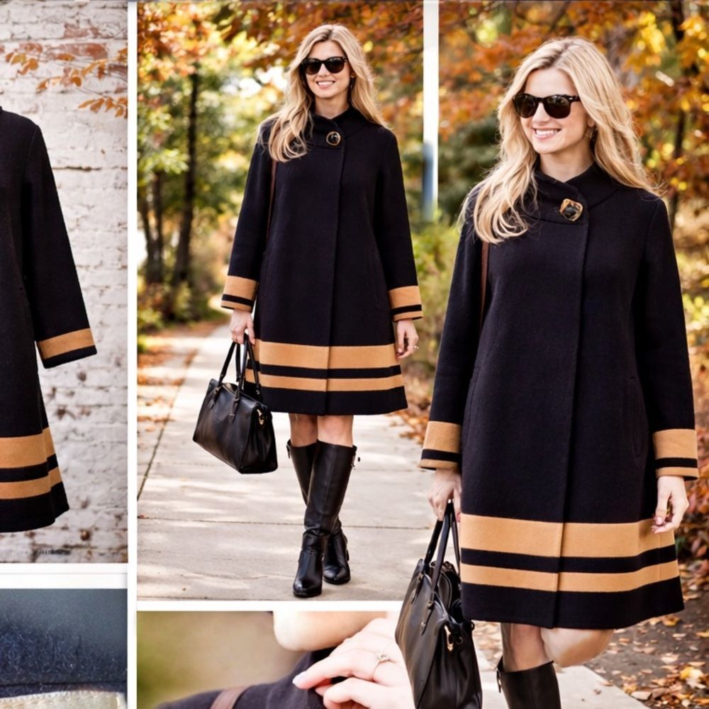 🎀Vintage 🎀 1960s Wool-blend Union-made Mod Navy & Tan Striped Swing Coat Size 10